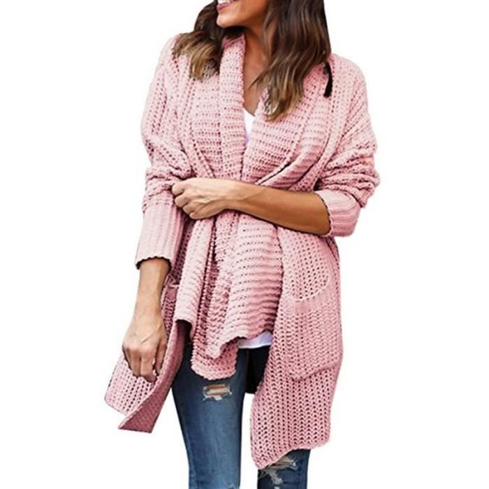 Cardigan Pull Manteau occasionnel de revers de cardigan de revers irrégulier des femmes Rose