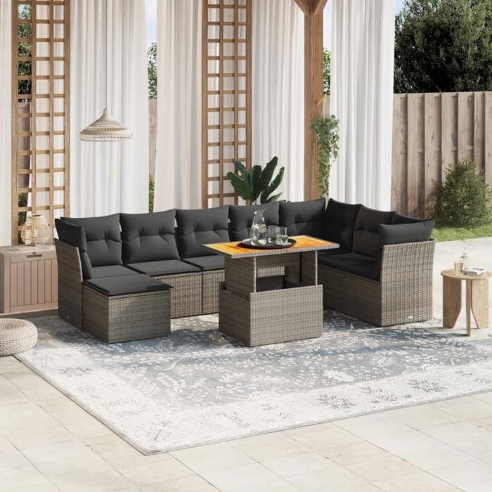 vidaXL Salon de jardin 9 pcs avec coussins gris résine tressée 3270976