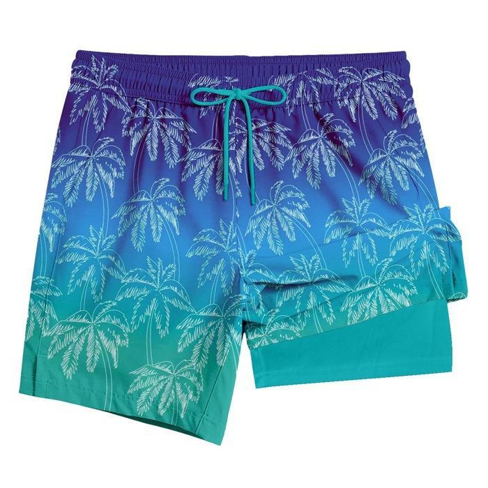 Short de Bain Homme 2 en 1 Taille Élastique Avec Doublure de Compression Short de Plage Séchage Rapide Couleur Dégradé - Bleu Vert