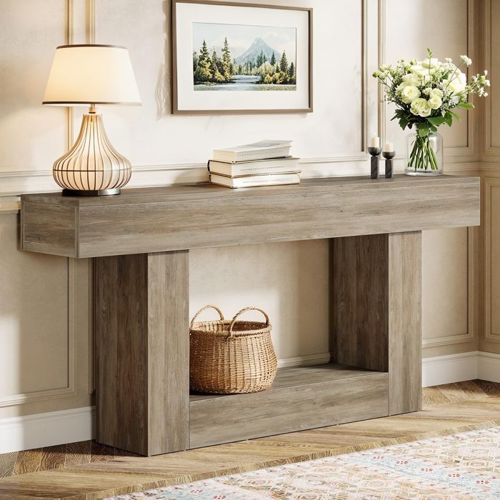 Console à 2 niveaux avec piètement en U - 160 x 30 x 82 cm -Table dentrée- table en bois - pour salon couloir gris clair