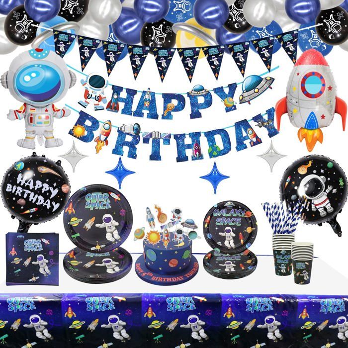 160PCS Outer Space Party Supplies - Ballon de Système Solaire Bannière de Joyeux Anniversaire Dastronaute Assiettes