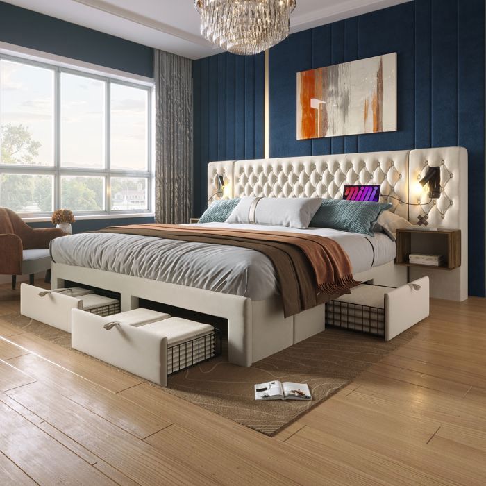 Lit double 180 x 200 cm 2 tables de chevet et 4 tiroirs lampe de chevet avec fonction de charge USB beige velours