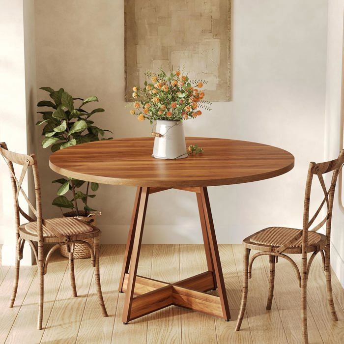 Ronde Table à Manger Industriel pour 4 Personnes - Finmind - 100 x 100 x 75 cm - Table de Salle à Manger - Marron