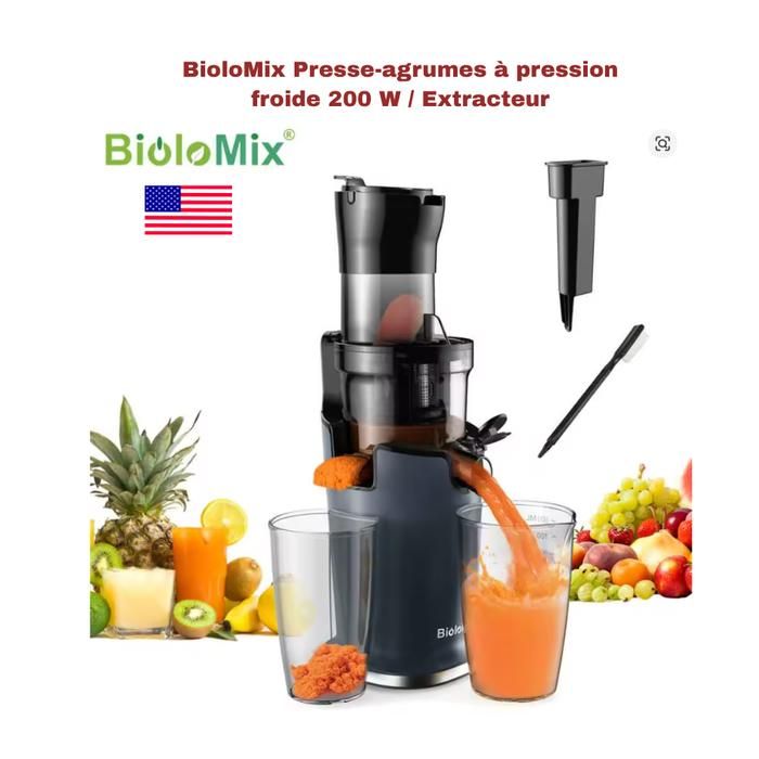 BioloMix Presse-agrumes à pression froide extracteur de jus à mastication lente à moteur puissant de 200 W - fruits entiers - Biolomix