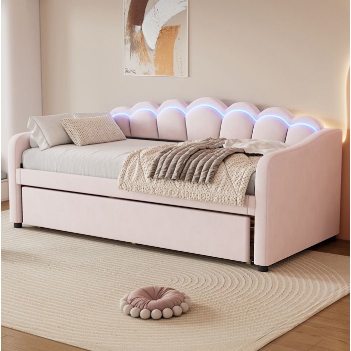 Lit banquette 90x200 cm avec lit gigogne LED réglable velours MDF rose Sans matelas