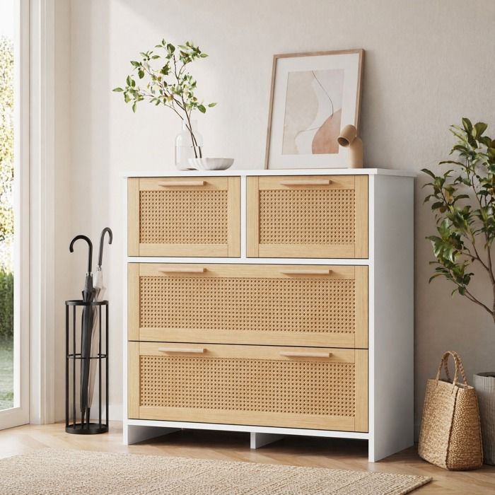 Commode 4 tiroirs EVRYAE 80 x 38 x 80 cm rangement chambre salon MDF décor rotin naturel blanc et bois