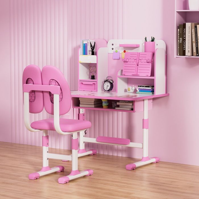 Ensemble Bureau Et Chaise Enfant HOMCOM Réglable Rose - Dès 3 Ans Avec Tiroir Et Bibliothèque