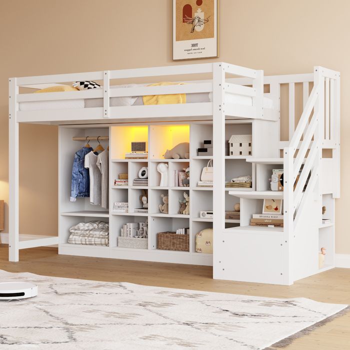 Lit mezzanine - 90 x 200 cm - Rangement intégré - LED intégrée - Penderie et échelle latérale
