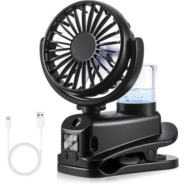 Ventilateur à Pince Ventilateur de Bureau à 4 Vitesses Mini Ventilateur Rechargeable par USB avec Spray Humidificateur- Noir