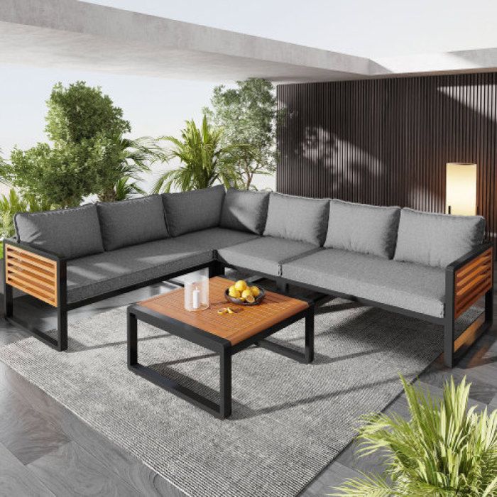 Salon bas de jardin extérieur pour 5-6 personnes canapé outdoor moderne avec cadre en fer galvanisé et éléments décoratifs