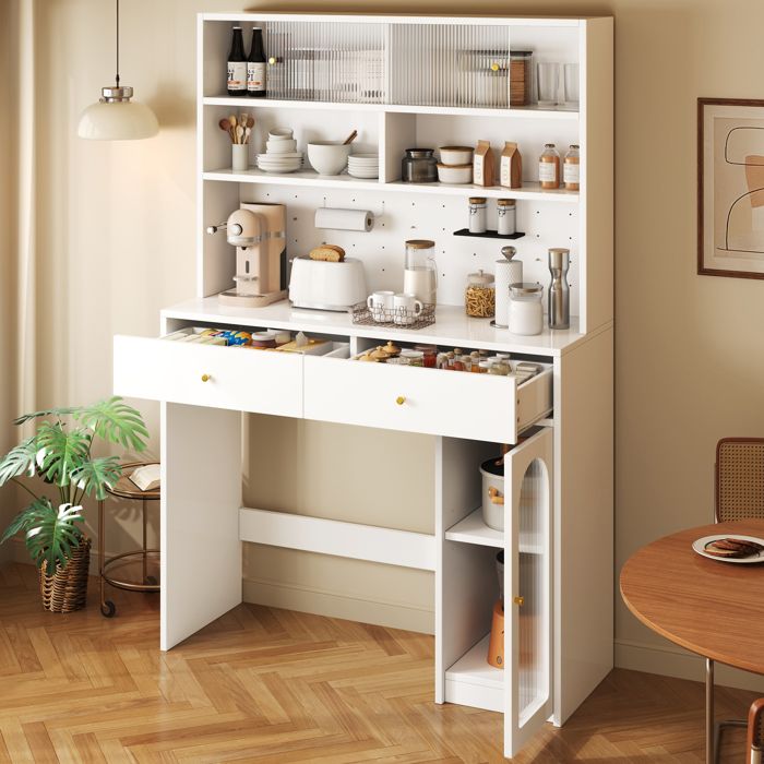Armoire haute de cuisine - HIBA - Blanche - 120×45×180 cm - 2 tiroirs - Portes vitrées ondulées