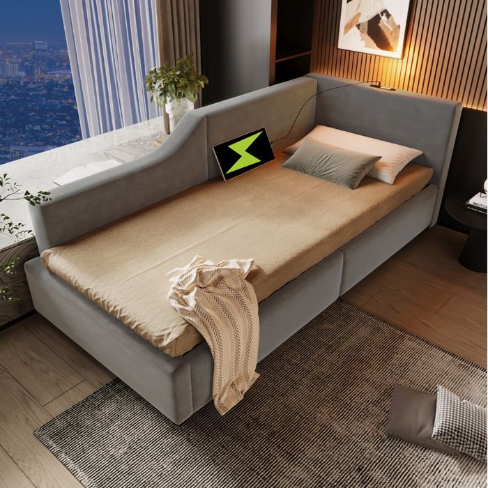 Lit enfant gris 90×190 cm rangement intégré hydraulique sommier inclus USB-C et lampe de lecture