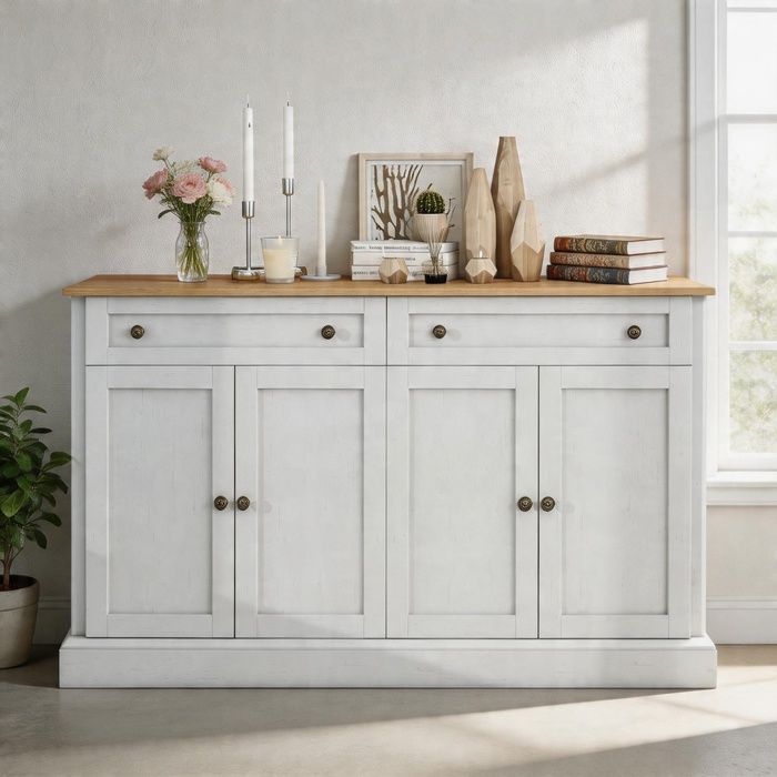Vaisselier - Grand buffet - Bois naturel - 4 portes 2 tiroirs - 150x40x86 cm