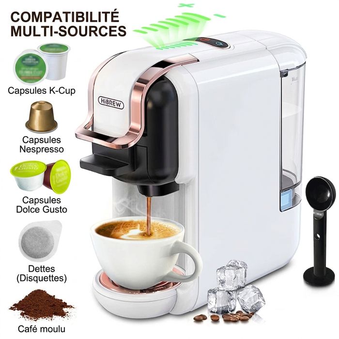 Machine à café 5 en 1 20 Bars Compatible Nespresso Dolce Gusto K-Cup ESE Café Moulu Hot & Cold 600ml Blanc - Hibrew