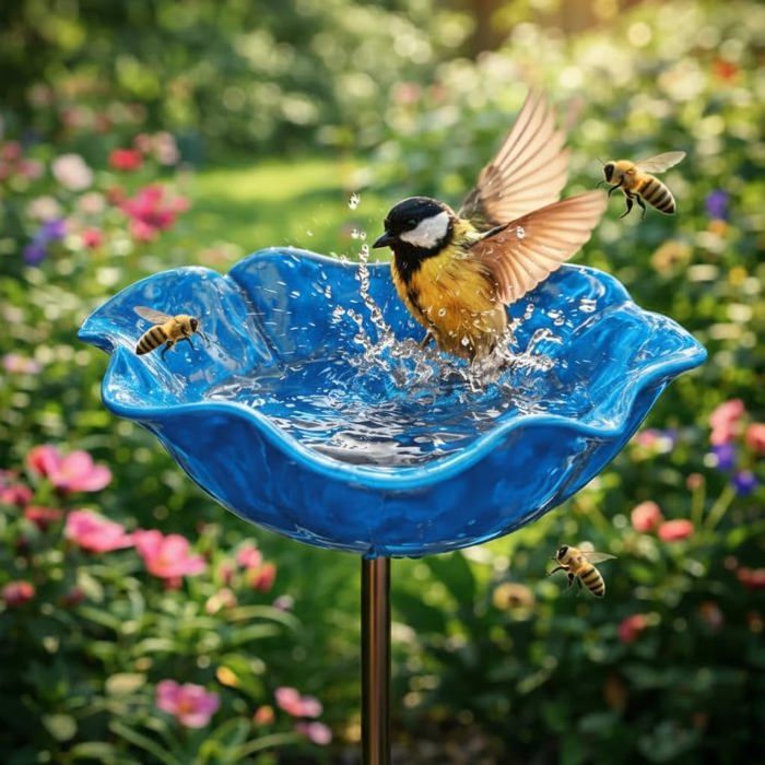 Abreuvoir À Oiseaux Sur Pied 65 cm Bain D’oiseaux En Alliage Résistant Intempéries Forme Fleur Bleu Pour Jardin Balcon