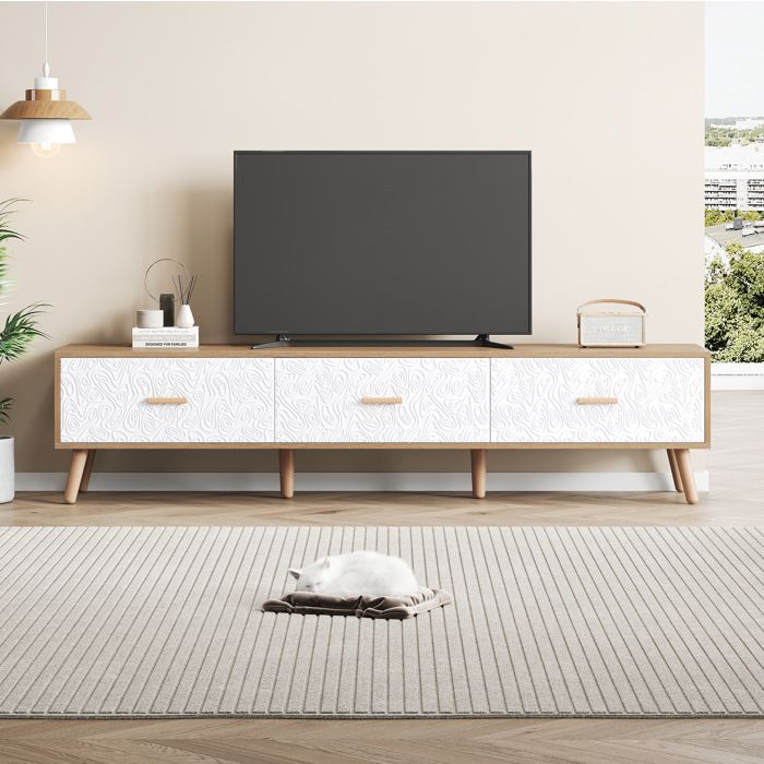 Meuble TV Vintage 3 tiroirs portes blanches texturées pour salon bois clair et blanc 150 × 35 × 39 cm - UVRION