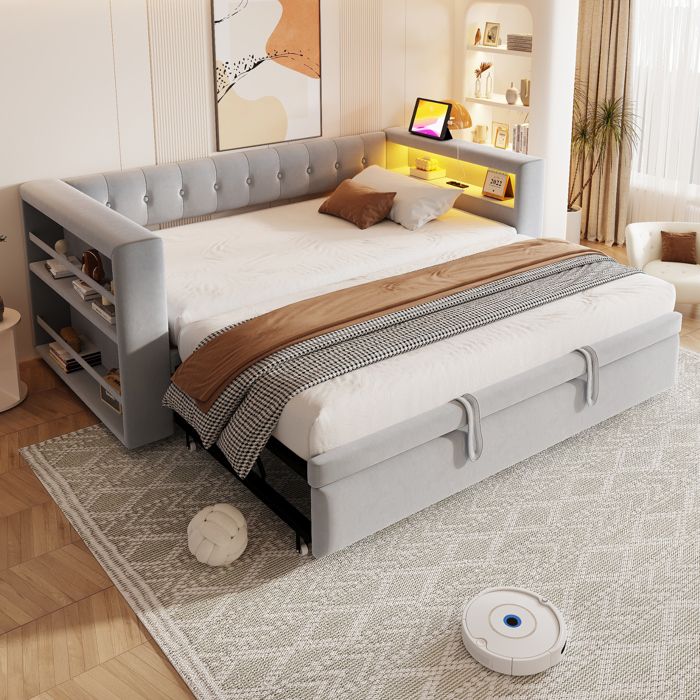 Canapé-lit multifonction - Gris clair - Flanelle - Dimensions 90/180×190 cm - Éclairage LED multicolore