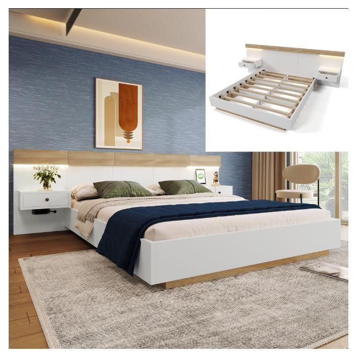 Lit double avec tables de nuit - Dimensions 140x200 cm - Tables de nuit LED incluses - Ports USB et Type-C intégrés