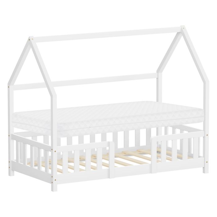 Lit cabane enfant simple ML-Design 80x140 cm bois blanc avec matelas antichute et sommier inclus Lit cabane enfant simple ML-Design 80x140 cm bois blanc avec matelas antichute et sommier inclus