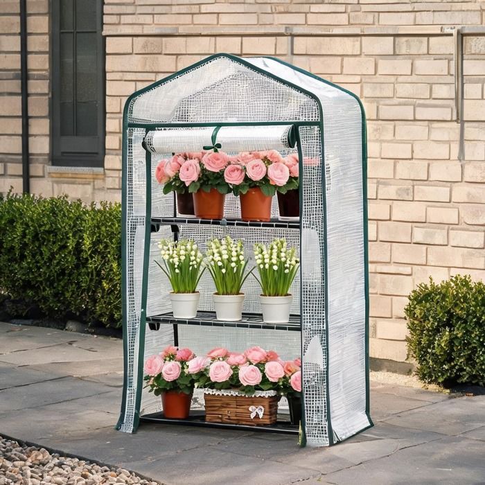 Serre de balcon avec housse PE et étagères métalliques porte enroulable à zip blanc