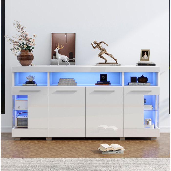 WOVREO Buffet bas 140 x 40 x 70 cm avec LED intégré portes en verre trempé MDF blanc brillant
