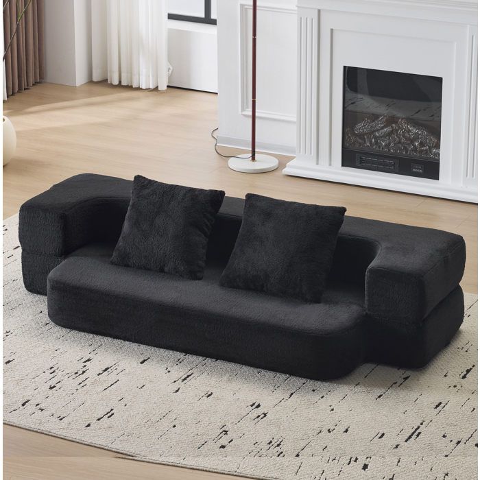 Canapé convertible 2 places noir canapé au sol pliable sans montage mousse mémoire haute densité 2 coussins