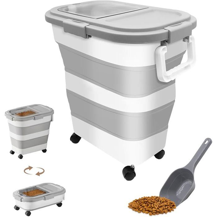 Conteneur à Croquettes pour Chien et ChatCapacité 15 18 kgBoîte de Stockage Pliable avec Roues et CuillèreL Gris