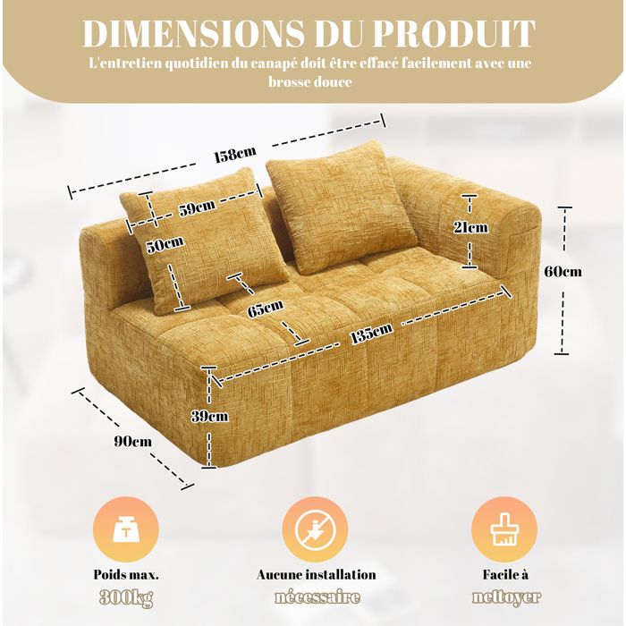 WOVREO canapé compressé 2 places en chenille jaune sans montage avec coussin et poches latérales