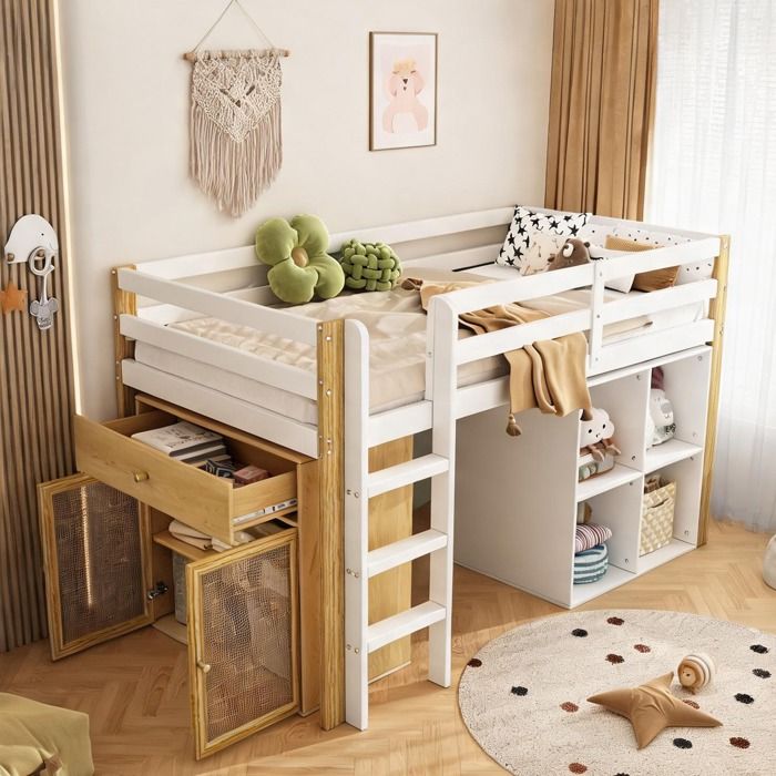 Lit mezzanine enfant 90x200 cm bois massif naturel et blanc avec 2 coffres de rangement et échelle