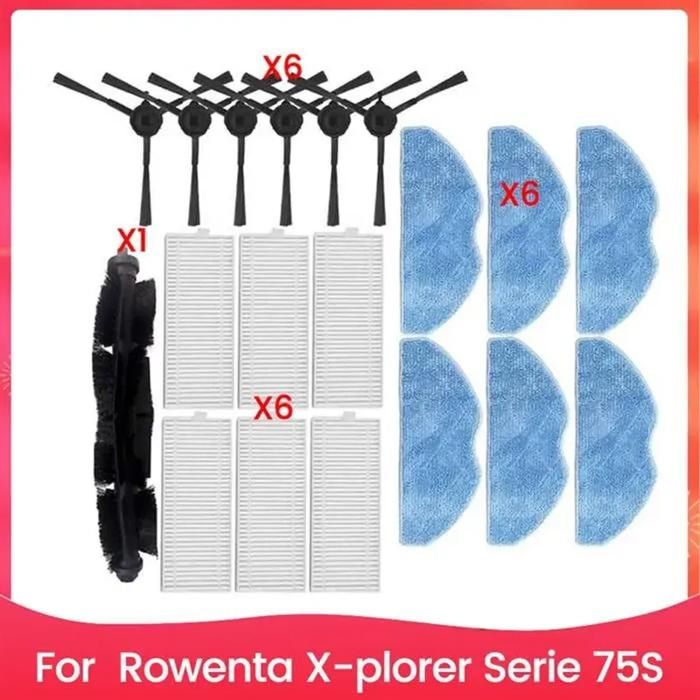 Kit 19 pièces pour Rowenta X-Plorer Serie 75S – brosse principale brosse latérale filtre HEPA chiffon microfibre