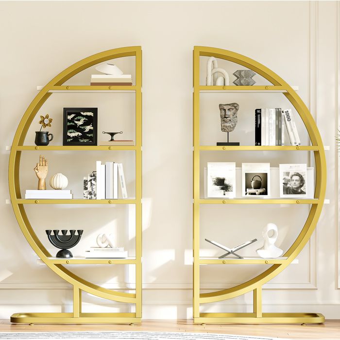 Bibliotheque Modulaire Demi-Cercle Or Et Blanc Etagere Arche FloraGrace Pour Salon Ou Bureau Pieds Reglables 120x30x130cm
