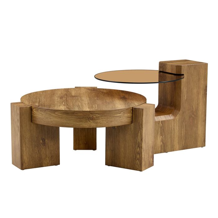 Set de tables basses rondes - FURNITURER - Ø61/Ø44 cm - Plateaux effet pierre & verre - Bois clair - Contemporain