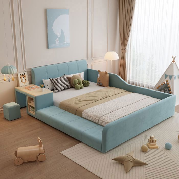 Lit Rembourré Enfant - WESTYLE - 140x200 - Velours bleu - Bureau latéral & tabouret - Rangement latéral