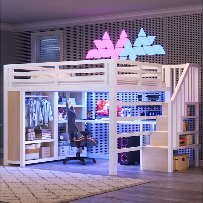HOMVRA Lit mezzanine 160x200 cm en métal blanc avec bureau LED penderie ouverte et rangements