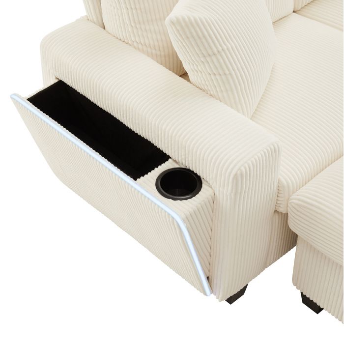 Canapé modulable en U en corduroy beige avec 2 poufs lampe de lecture LED USB et Type-C