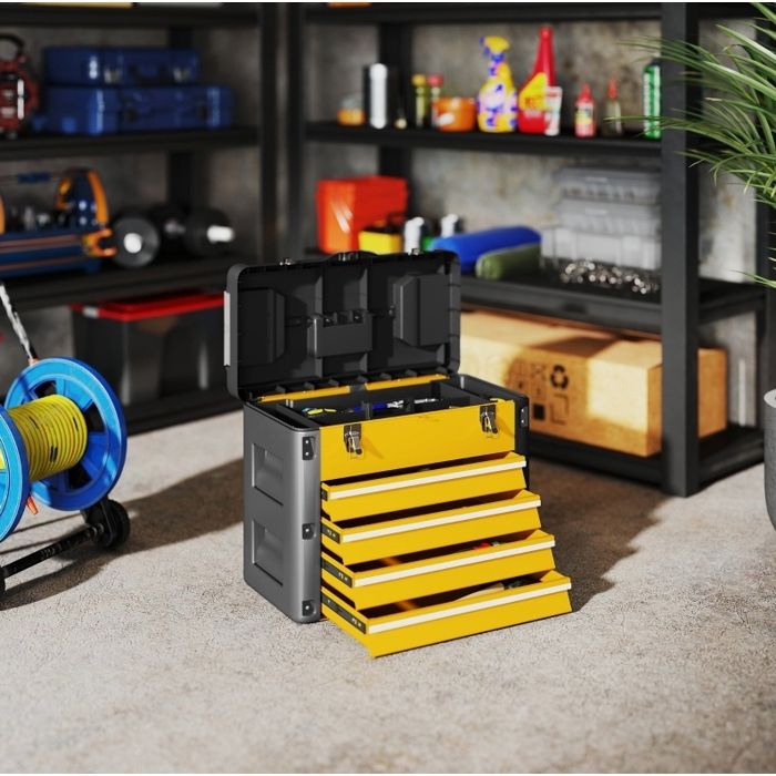 Caisse à outils vide 4 tiroirs 49 7 x 25 3 x 40 7 cm jaune avec plateau amovible et poignée VEVXYN