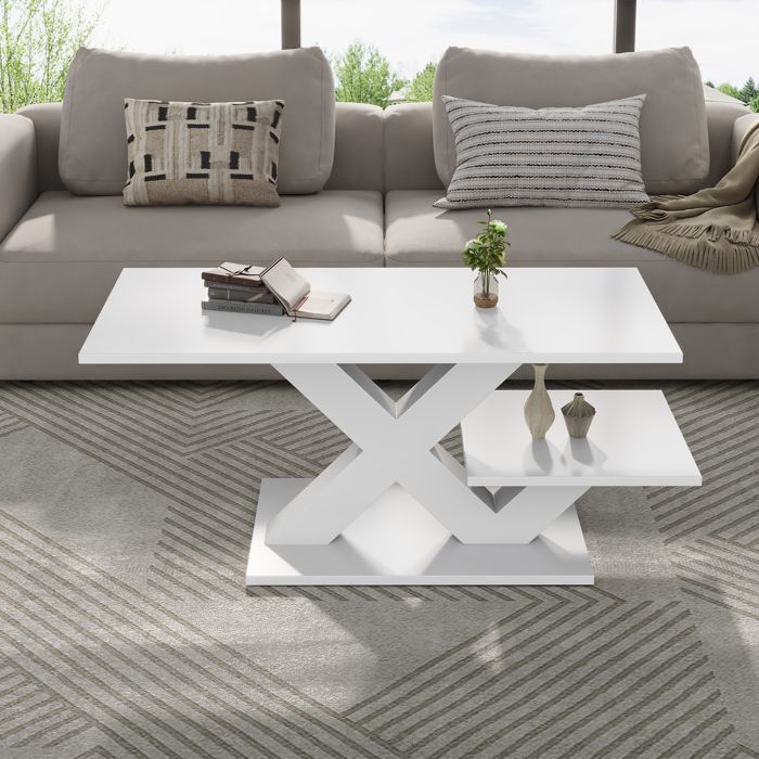 Table Basse Blanche Brillante Rectangulaire avec Double Plateau Table de Salon Moderne en MDF Pieds en X 100x48x45cm