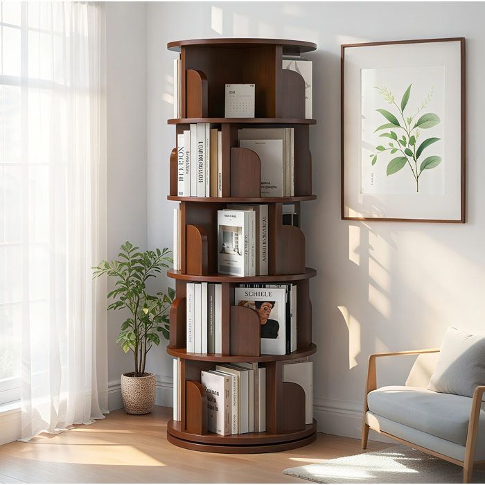 Bibliothèque rotative Walnut 46 x 46 x 157 cm 360° 5 niveaux gain de place MDF design rond
