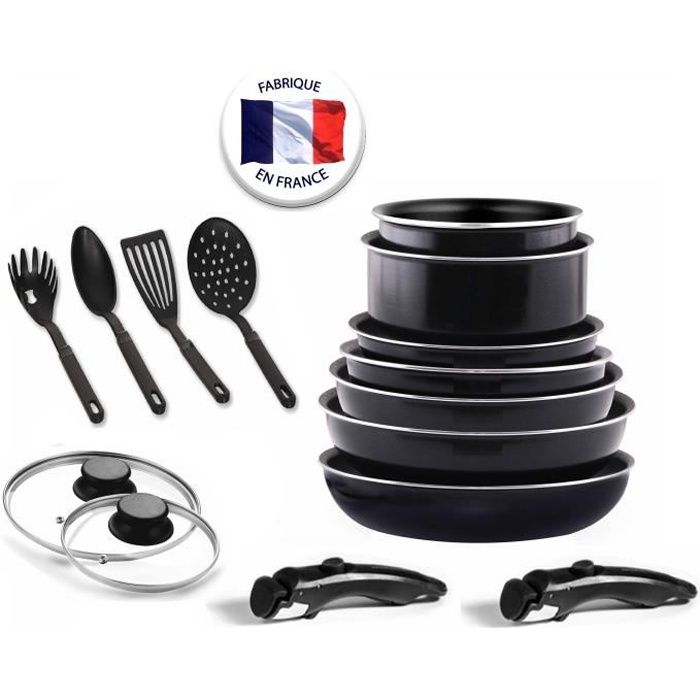 ARTHUR MARTIN Batterie de cuisine amovible 15 pièces 16-20-22-24-26 cm noir  - Tous feux dont induction - Cdiscount Maison