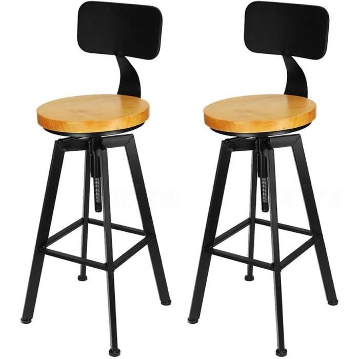 Set de 2 tabourets de bar tabourets de bar en bois et métal 64 - 84 cm réglables en hauteur avec dossier et repose - pieds pour Bar