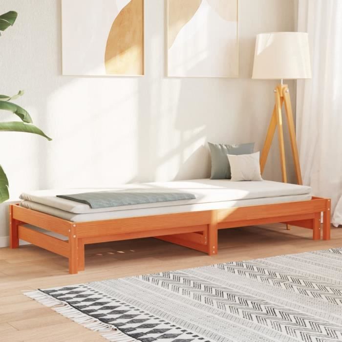 Lit de jour - YESM - 90x190 cm - Bois de pin massif - Cire marron - Lit gigogne inclus
