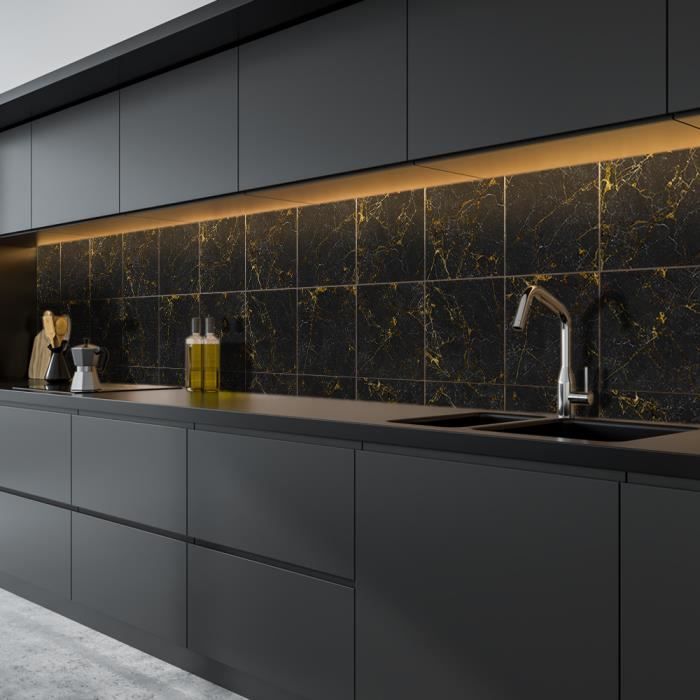 sticker carrelage cuisine salle de bains noir marbre style impermeable adhesif mur decor tuile autocollant cdiscount maison