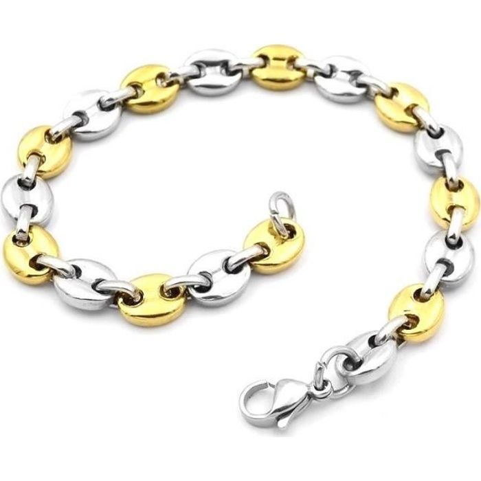 Bracelet pour homme en maille grain de café acier plaque or 21cm 8mm