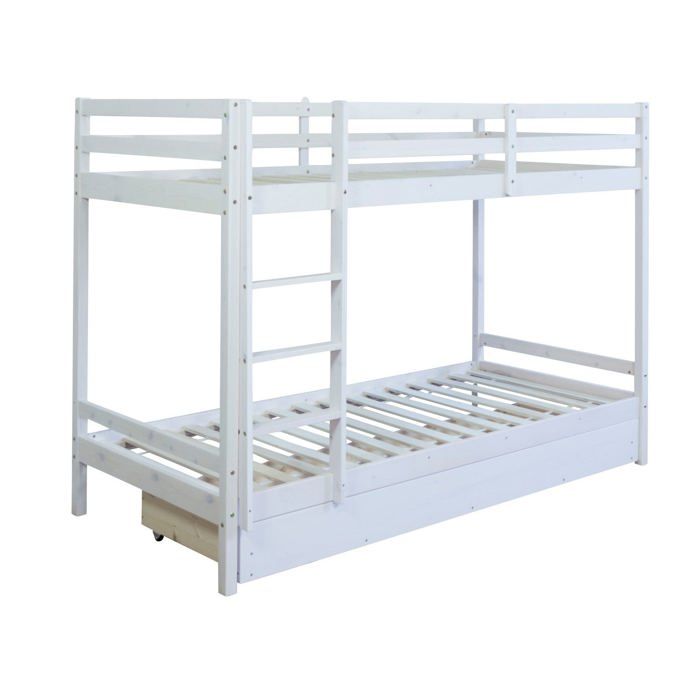 Lit enfant superpose en bois avec sommier a lattes et tiroir 90x200 cm blanc LIT06099