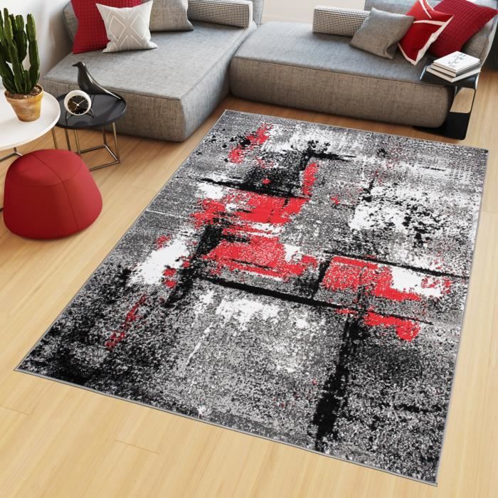 Tapiso Maya Tapis Salon Chambre Ado Moderne Mouchete Rouge Blanc