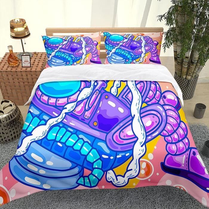 Parure De Lit 3 Pièces Imprimée Galaxie Planètes – Thème Spatial, Vue Terre Depuis La Lune – Housse De Couette + Taies D'oreiller - 3