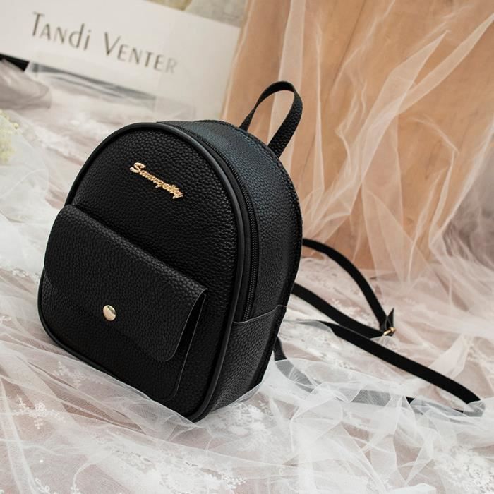 Noir Mini sac dos en cuir PU pour femmes avec trou pour