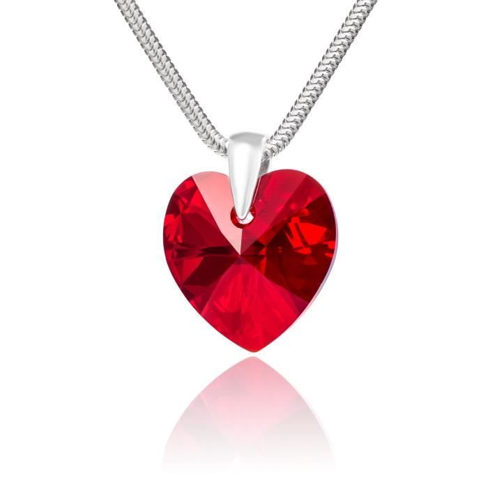 LillyMarie Collier pour femmes en argent sterling 925, vrais Swarovski Elements rouge, pendentif coeur, 45 cm, avec une boite à b