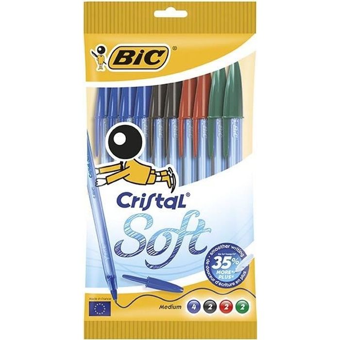 BIC® Lot de 10 Stylos à bille Cristal® Soft Noir, bleu, rouge