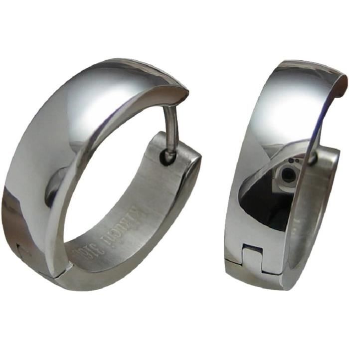 Boucles D'oreilles Créoles En Titane Et Acier - Finition Mat Argenté - Diamètre 18 Mm - Pour Homme